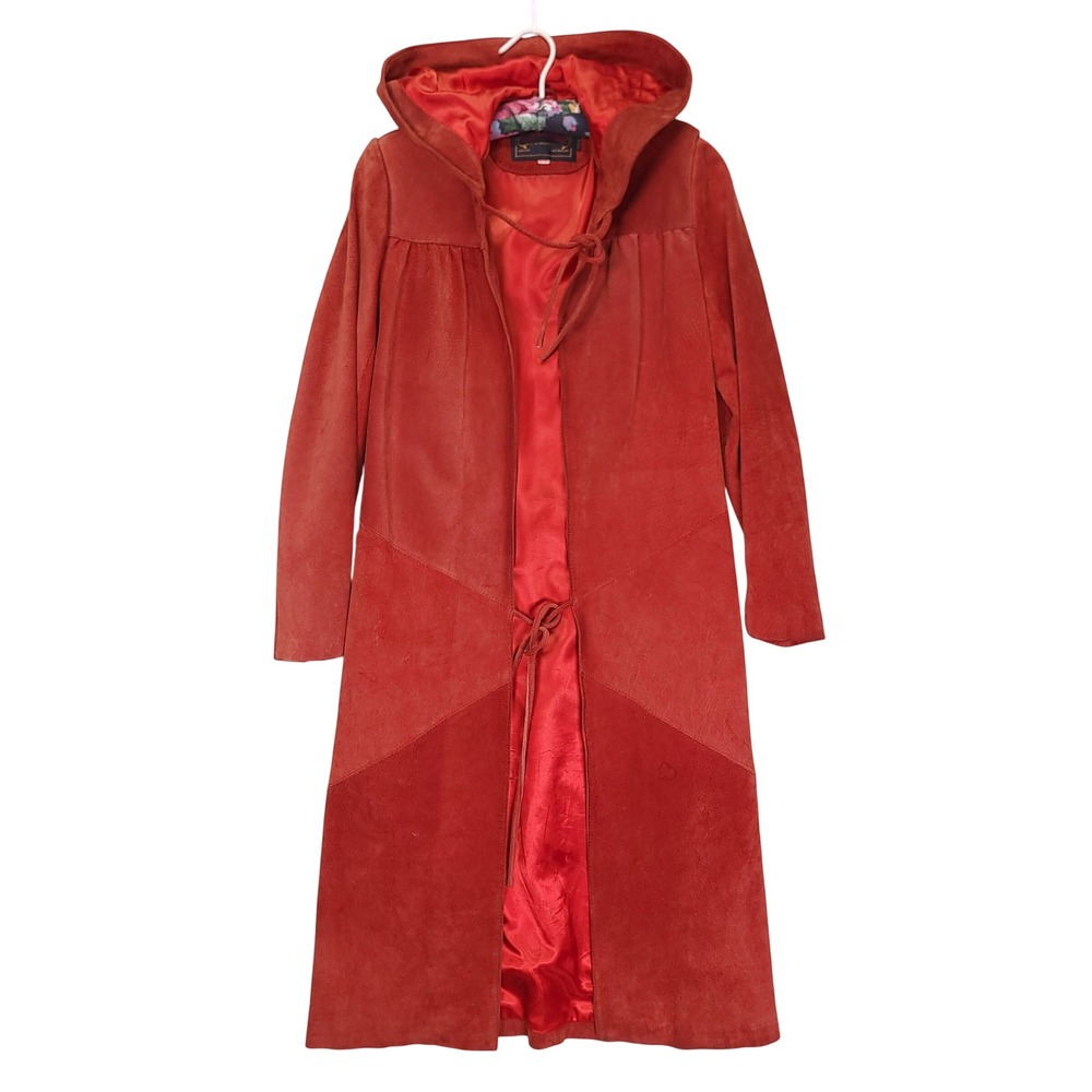 Vintage Casablanca Suede Leather Duster Coat Hooded Rust Orange 9/10 Womens